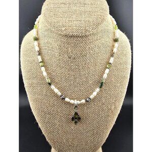 Freshwater Pearl & Green Peridot Sterling Silver Necklace Pendant Spring Easter